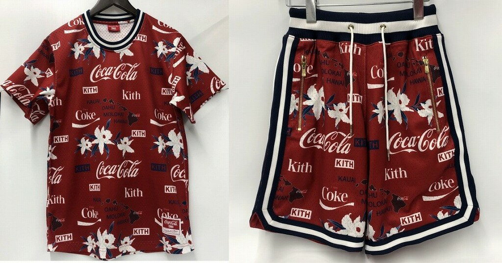 【期間限定セール】ミッチェル　アンド　ネス Mitchell　&　Ness 【Kith×Coca-cola】スポーツウェア Hawaii Jersey&Shorts 赤系 ロゴ 総柄 【中古】