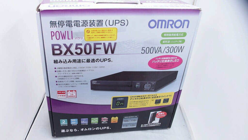 【ご注意】商品は店頭・他ネットショップでも販売しておりますので、ご注文をいただいても売り切れの場合がございます。ご了承ください。ブランド名オムロン OMRON商品名開梱未使用品　OMRON　UPS　POWLI　BX50FW BX50FWシリアル番号68223070001325G商品説明運転方式：常時商用 入力電圧：86〜114V 対応入力周波数：50/60Hz 出力容量：500VA 出力コンセント数：2 充電時間：12時間 機体寿命：2〜5年※撮影・検品の為、開梱しました。 ※発送の際は箱に緩衝材を巻くのみの簡易となりますので予めご了承ください。 ※保証に関しては商品の特性上、初期不良の10日間動作保証のみになります。付属品初期付属品一式※主な付属品を記載するようしております。中古品の特性上、全ての付属品の正確な記載が難しいため詳細は掲載の写真にてご確認ください。付属品は写真にて【全て】掲載しております保証期間10日間（初期返金保証）コンディションレベルN（未使用品）コンディションの備考【全体】未使用品の状態ですが、買取商品の為、完全な新品ではございません。その為、多少の汚れなどが見られる場合がございます。付属品の記載がある商品の場合、付属品も同様です。(減額済)。配送方法宅配便商品番号gzd109599836在庫お問合せ先【ワットマンテック横浜権太坂店】　045-325-8866【ご注意】当社オンラインショップ以外で情報、商品写真、画像、文章等を無断で転用しているページは偽サイトであり当店とは一切関係がございませんのでご注意ください。接続先のURLをご確認ください。楽天市場URL：https://www.rakuten.co.jp/楽天市場商品ページ：https://item.rakuten.co.jp/●●●《オムロン》OMRON開梱未使用品 OMRON UPS POWLI BX50FW BX50FW p1129984351