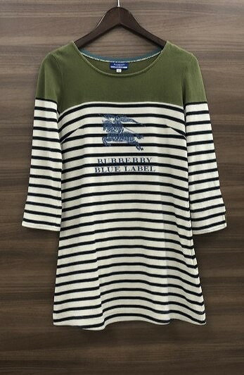 【5/15(水)全品ポイント10倍！！当日要エントリー！！】バーバリーブルーレーベル BURBERRY BLUE LABEL レディース トップス 長袖 ロングTシャツ カットソー ボーダー柄 カーキ×ホワイト系 【中古】