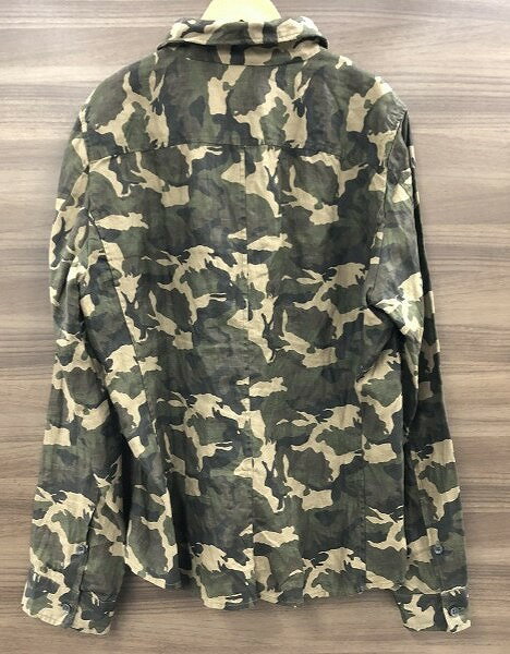 ナノユニバース nano universe Jun hashimoto コラボ メンズシャツ 長袖 リネン カモフラ Lサイズ ブラウン系 迷彩柄 【中古】