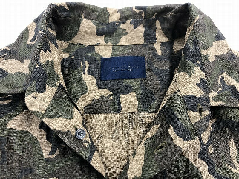 ナノユニバース nano universe Jun hashimoto コラボ メンズシャツ 長袖 リネン カモフラ Lサイズ ブラウン系 迷彩柄 【中古】