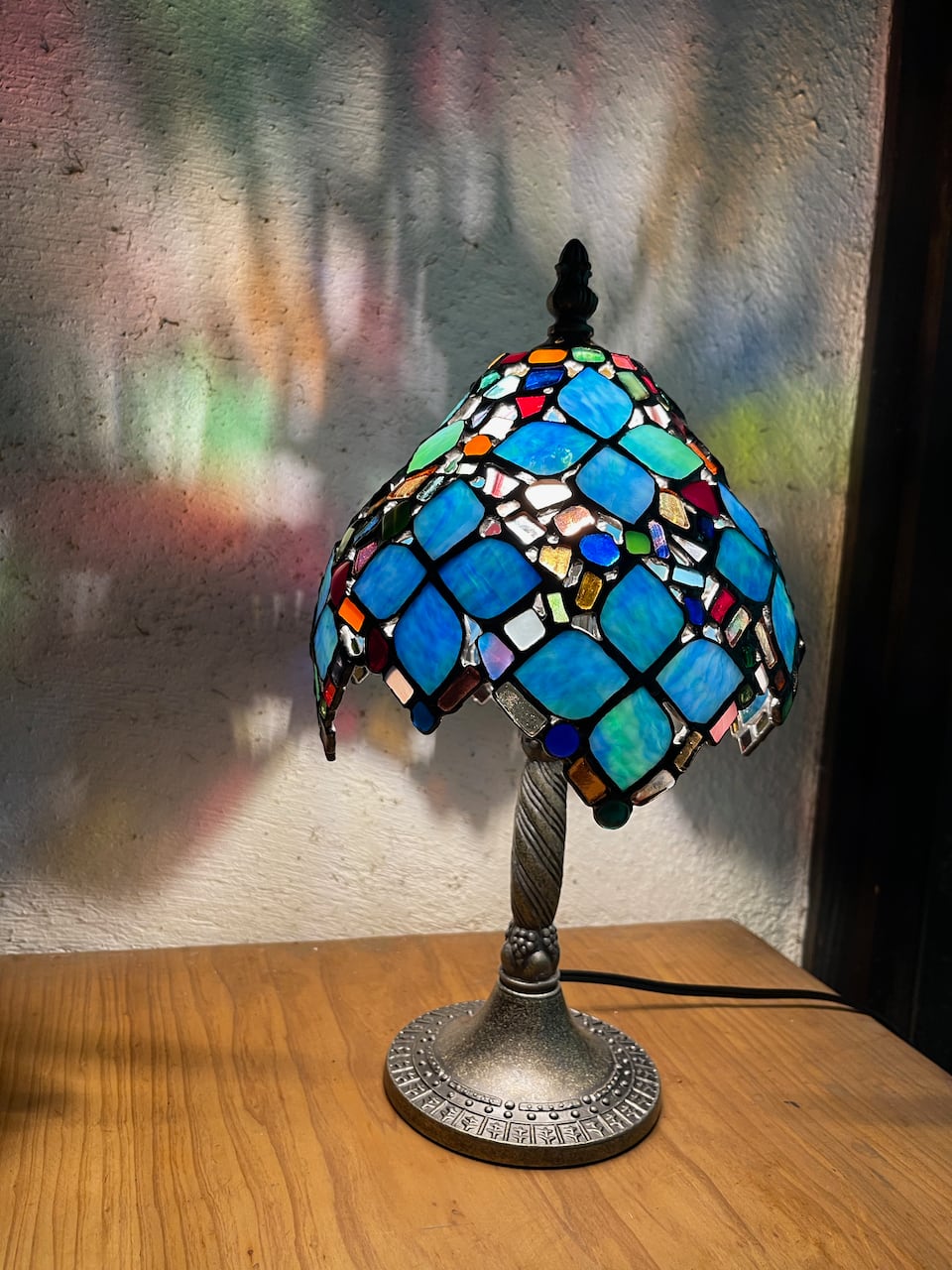 WAVE-Gグラス工房 星を散りばめたランプ ステンドグラス テーブルランプ ブルー