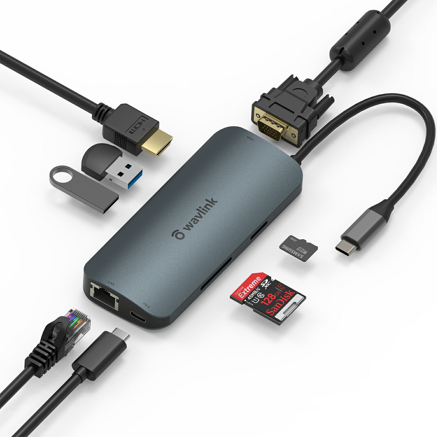 Wavlink USB C nu PD@\ 8-in-1 USB Csp~jhbLO@60Wd͋@1x4K30Hz HDMI@1x2K60Hz VGA@2xUSB A|[g@1xMKrbgC[Tlbg|[g@1xmicroSDSDJ[h[_[AWindows 7A8A10AMac OS X 10.11ȍ~@Chrome OSALinuxɑΉ