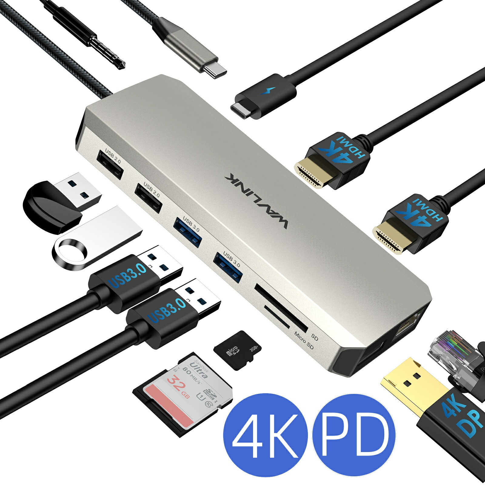 WAVLINK USB Type-C ハブ HDMI 4K出力 ミニドッキングステーション 11-in-1 多機能 USB 3.0変換アダプター2*USB3.0ポート/2*USB2.0ポート/ LANポートRJ45 1000Mbps DP 4K60Hz 2*HDMI/PD充電 10…