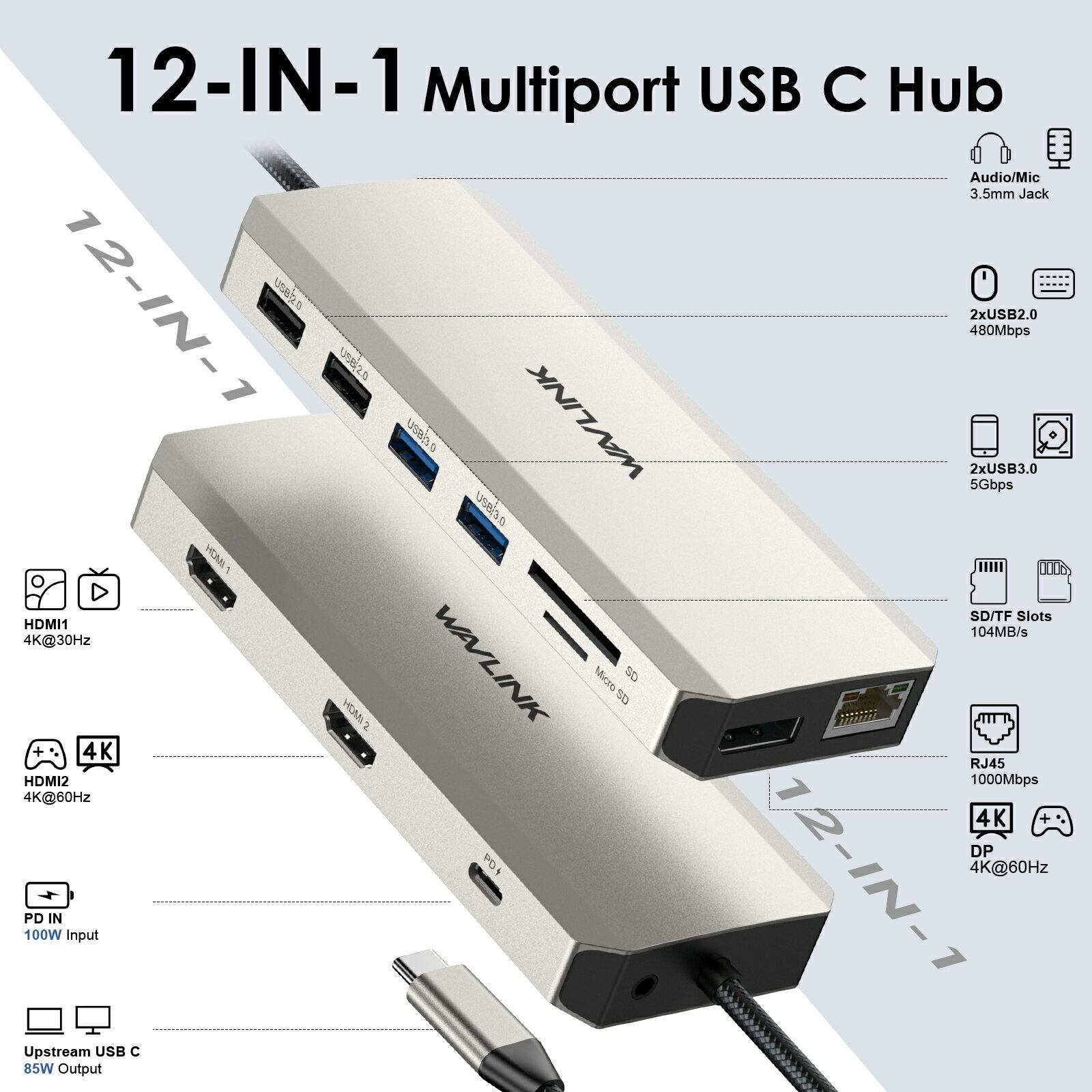 WAVLINK USB Type-C ハブ HDMI 4K出力 ミニドッキングステーション 11-in-1 多機能 USB 3.0変換アダプター2*USB3.0ポート/2*USB2.0ポート/ LANポートRJ45（1000Mbps）DP 4K60Hz 2*HDMI/PD充電(100W)/SD TFカードリーダーポート3.5mm 音声出力/入力 2