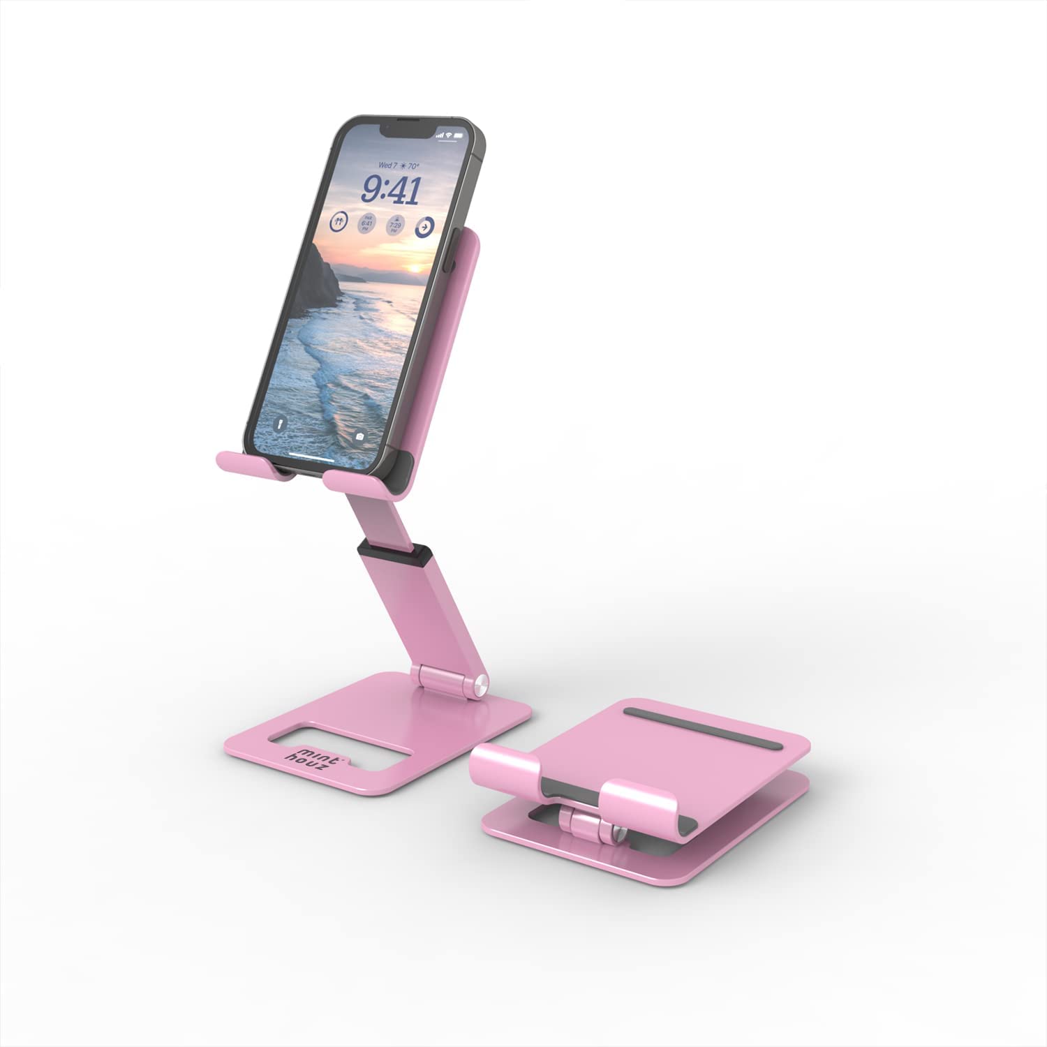 Minthouz スマホスタンド 携帯スタンド 卓上スタンド 可愛い 角度高さ調整 姿勢改善 腰痛/猫背解消 折りたたみ式 iPhone 13 Pro Max Mini 12 11 Samsung Galaxy S21+ S21 iPad Mini 5 4 など4.7-7.9インチの機種に対応 スマホスタンド ピンク