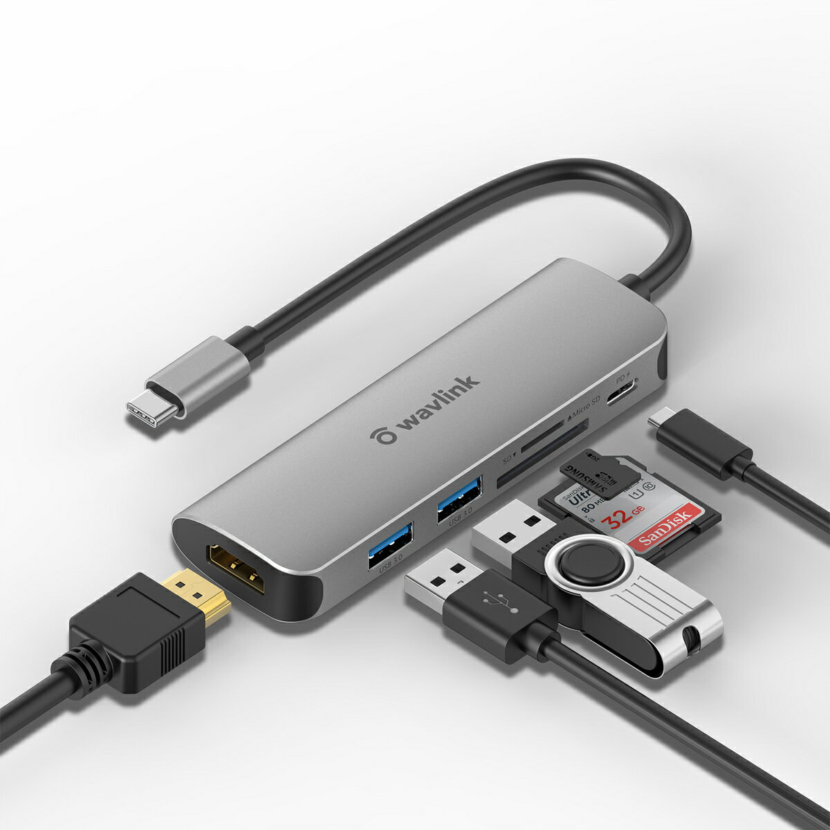 WAVLINK USB Cハブ/ミニドッキングステーション・4K HDMI出力 PD 65W充電・6-in-1（2xUSB3.0/1xHDMI/1xType C (充電)1xSD/1xMicro SD カードリーダー）・タイプC HDMI 変換 アダプタ MacBook MacBook Pro/Air/ChromeBook/Windows, Mac, Linux,Vista,Android等対応　在宅勤務