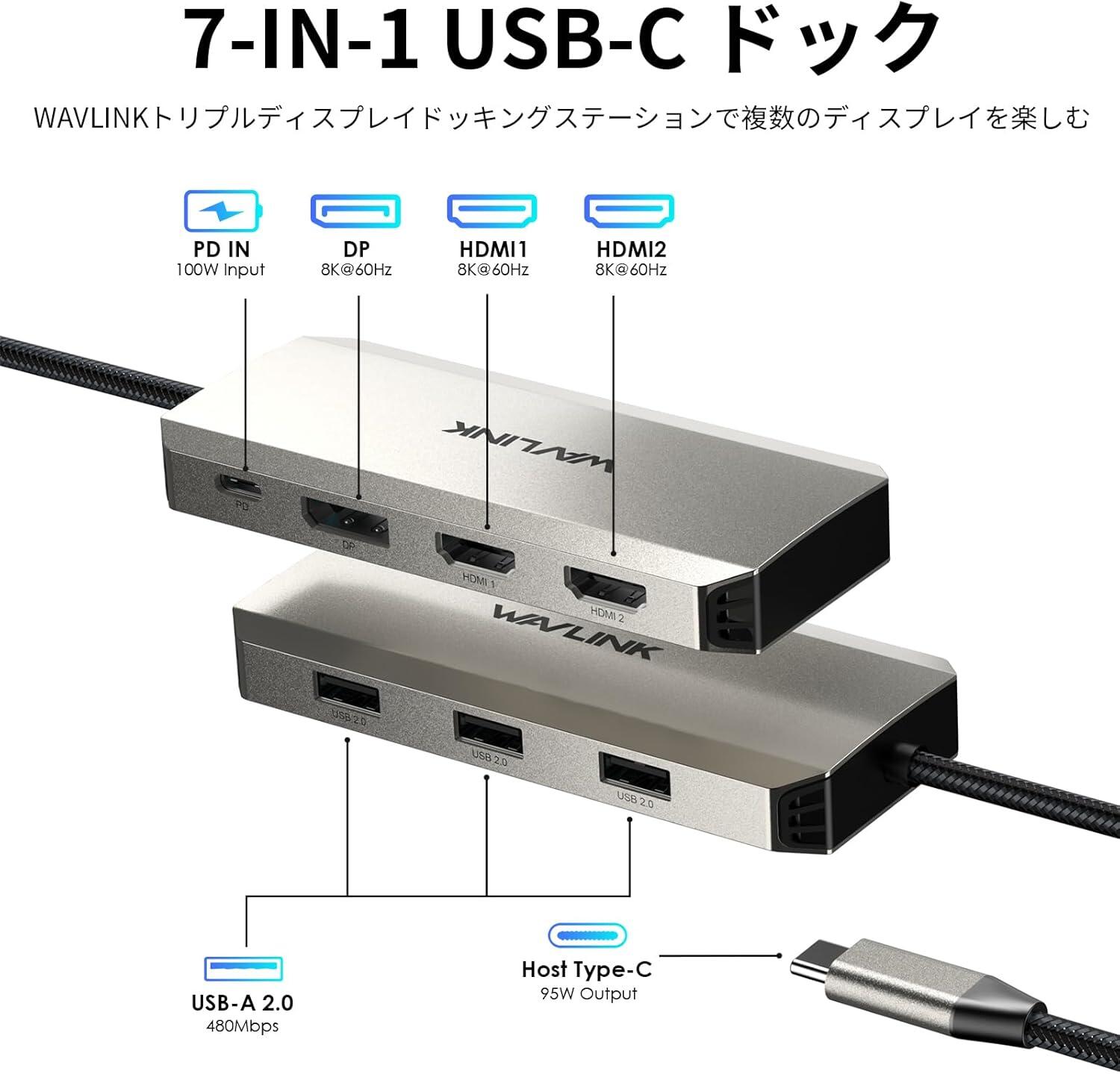 【Macも対応】WAVLINK USB-Cハブ 最大4Kトリプルディスプレイ対応、7-in-1 ドッキングステーション 最大95WのUSB-C充電対応、DP8K出力対応 トリプル 4K 、2*HDMI、USB-A ラップトップ ノートパソコン ノートPC Mac OS/Windows 2