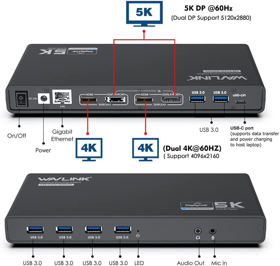 �ڶȳ��ȥåפο�������WAVLINK USB-C �ɥå��󥰥��ơ������ ����5K���� / �ǥ奢��4K 65W PD�б�/ 14�ݡ��ȳ�ĥ��HDMI��2, DP��2, USB3.0��6, LAN, Audio/Mic��Windows��Mac��Android�б� �����̳�����Ƴ���ˤ��Ŭ