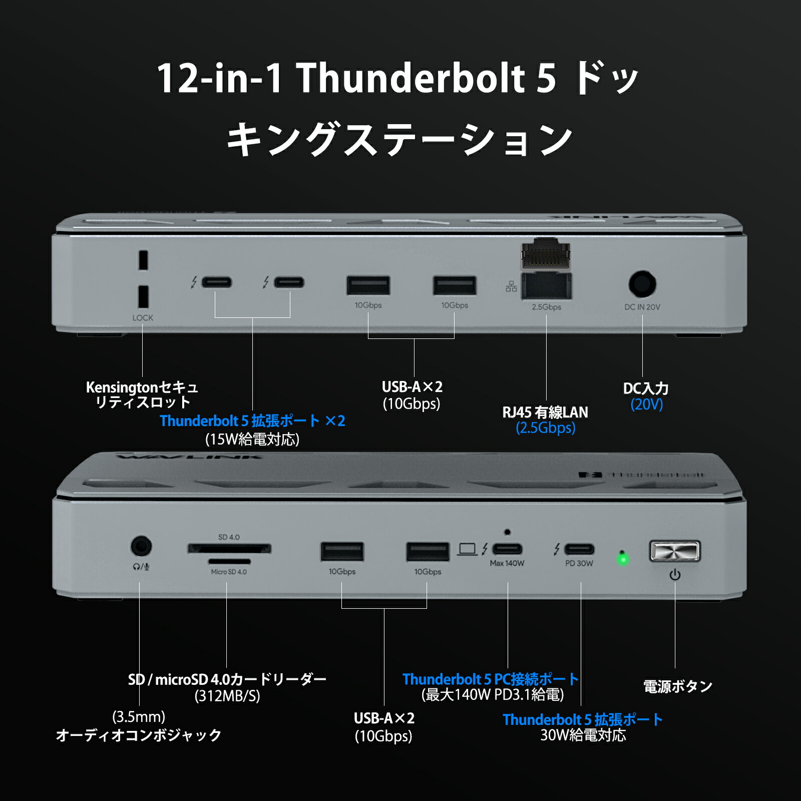 WAVLINK Thunderbolt 5 ドッキングステーション 最大120Gbps 高速転送 140W急速PD充電 8K144Hz/6K60Hz映像出力対応 12ポート拡張 USB-A×4 10Gbps対応 SDカード UHS-II LANポート搭載 Mac Windows対応 高性能USB-Cドック