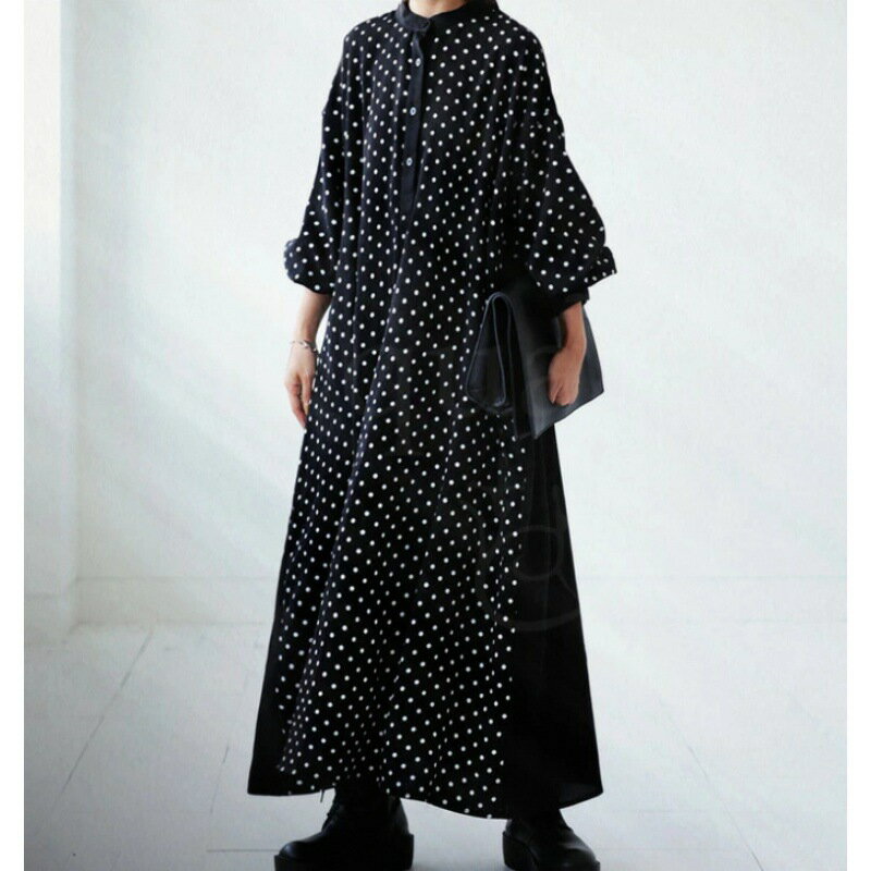 ロングワンピース レディース 水玉柄 長袖ワンピース 着痩せ マキシ丈ワンピース 大きいサイズ ゆったり 体型カバー 上品 お出かけ 通勤 デート 春夏秋 きれいめ フリーサイズ 韓国 ブラック