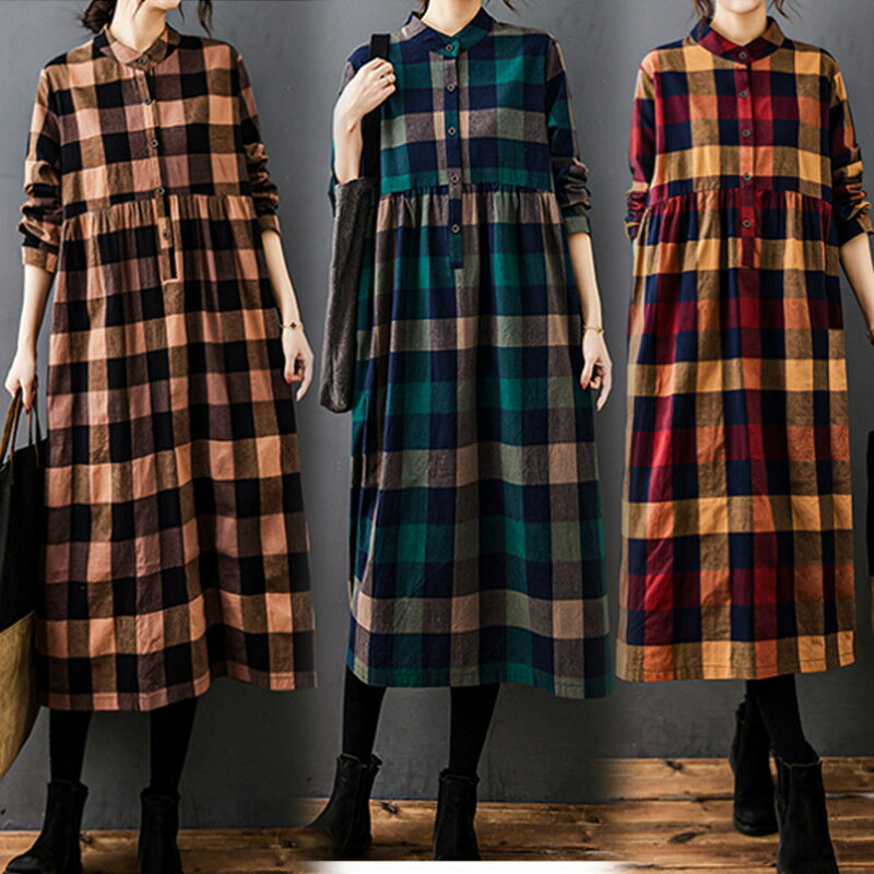 レディース マキシワンピース 綿麻ワンピース ロングワンピース チェック柄 長袖 体型カバー 着痩せ ゆったり 秋物ワンピース 大きいサイズ おしゃれ 通勤 上品