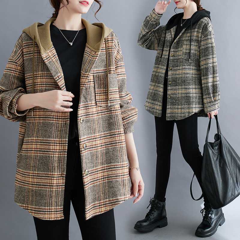 レディースコート ビッグサイズ 秋冬 フード付き チェック柄 シャツコート 拼接ぎ アウター ゆったり カジュアル 大人 普段使い お出かけ おしゃれ トレンド シルエット