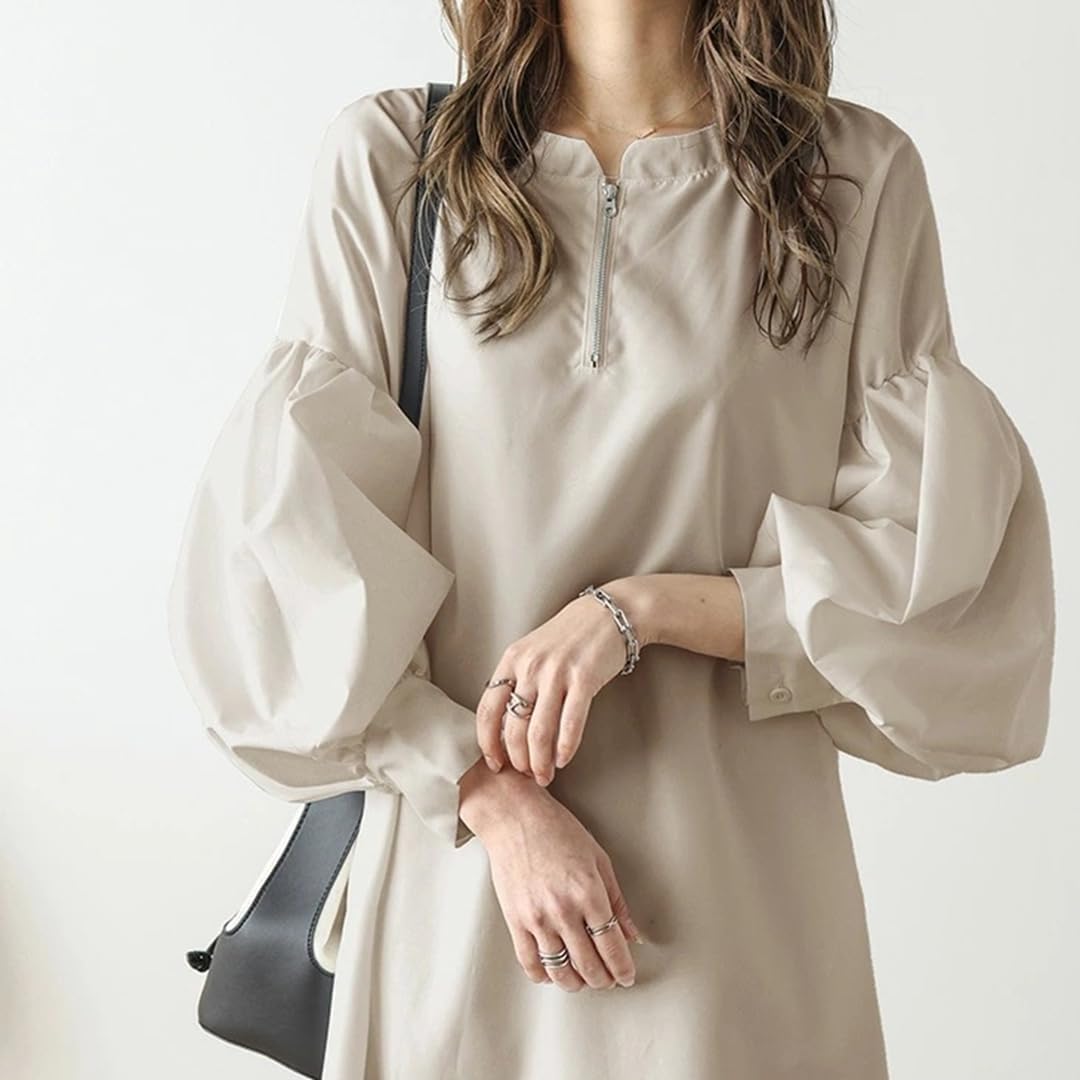 レディース ロングワンピース パフスリーブ 長袖ワンピース ゆったり 着痩せ マキシ丈ワンピース 大きいサイズ 体型カバー 上品 お出かけ 通勤 ホワイト デート 春秋 きれいめ 韓国 フリーサイズ