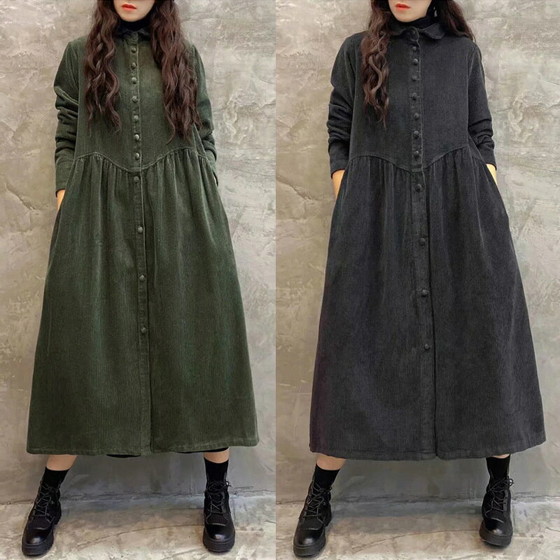 コーデュロイワンピース レディース 切り替え 長袖ワンピース ワンピースコート 体型カバー シンプル カジュアル ロング丈 かわいい 上品 通勤 お出かけおしゃれ 着痩せ デート