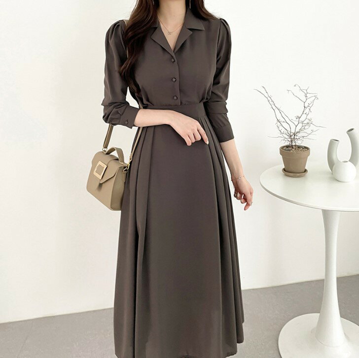 ワンピース レディース ロングワンピース 長袖 春秋 ハイウエスト Aライン 着痩せ 細め チュニック マキシ丈ワンピース 上品 トップス 無地 体型カバー 通勤