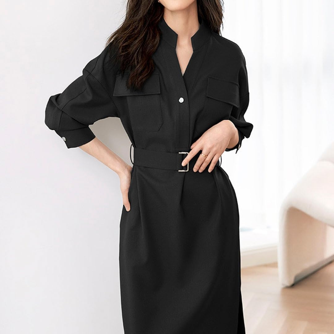 レディース ワンピース Vネック 長袖 ロングワンピース ベルト付き Aライン ポケット付き シャツドレス マキシ丈 春 秋 通勤 オフィスカジュアル きれいめ 着痩せ 体型カバー エレガント
