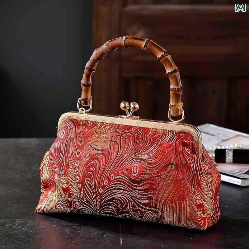 パーティー バッグ 結婚式 レディース おしゃれ バンブーハンドル 竹 サテン レトロ エスニック 刺繍 レッド ブルー