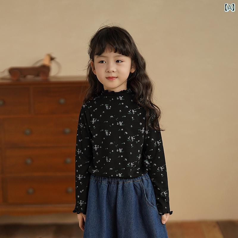 カットソー tシャツ キッズ 子供服 女の子 ハイネック トップス 花柄 長袖 秋 インナーウェア ブラック ブラウン グレー