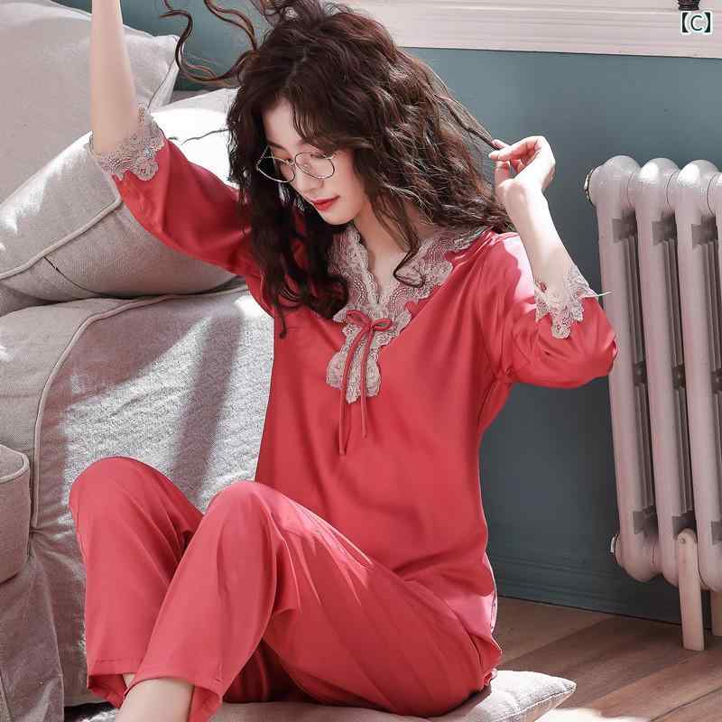 パジャマ ルームウェア ハイエンド レディース 長袖 冷感 セクシー ファッション レース 韓国 春秋冬 薄手 上品 大きいサイズ スーツ