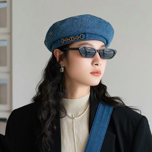 ベレー帽 レディース 帽子 デニム チェーン 秋冬 カジュアル ファッション おしゃれ 韓国 ブルー ベレー帽 レディース 帽子 デニム チェーン 秋冬 カジュアル ファッション おしゃれ 韓国 ブルー