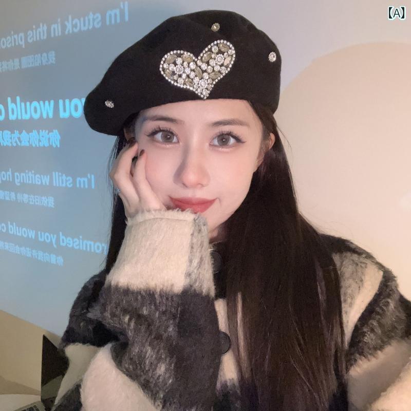 ベレー帽 レディース 帽子 キラキラ おしゃれ 韓国 春秋 秋冬 小顔効果 ハート ビジュー ラインストーン ウール ペインター ハット 黒 ホワイト キャメル
