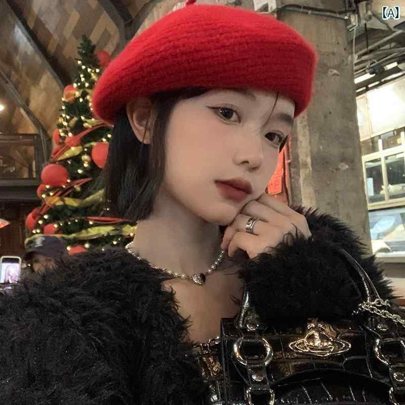 ベレー帽 レディース 帽子 おしゃれ かわいい ウール 秋冬 韓国 小顔効果 ペインター ハット クリスマス 赤 白 ベージュ
