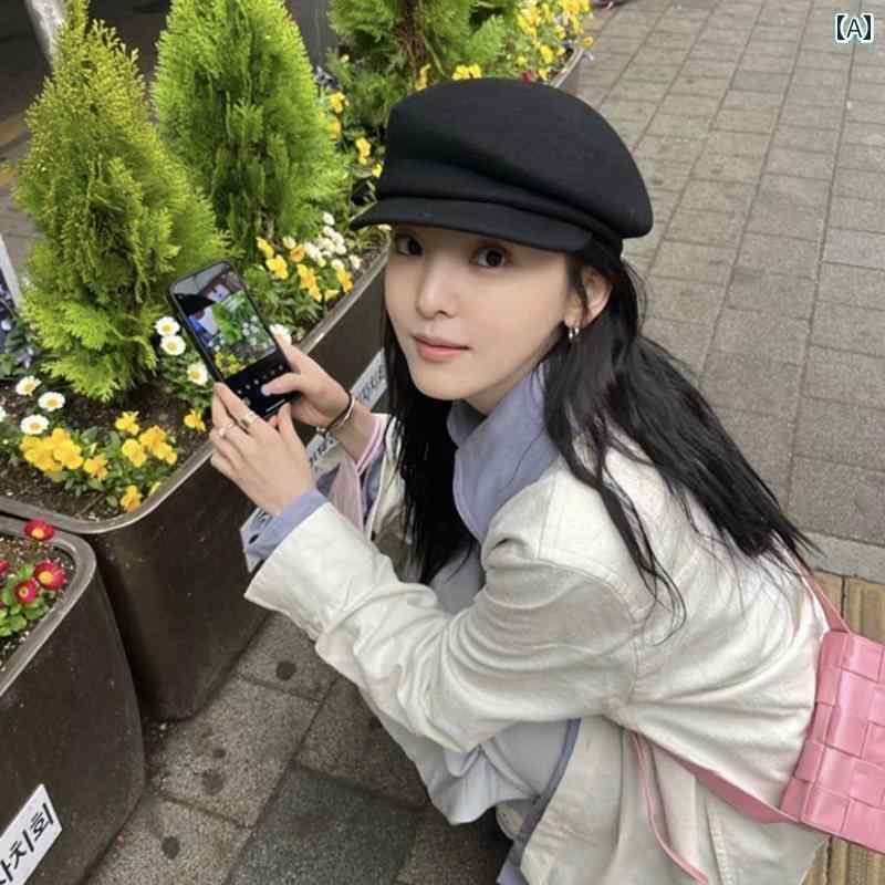 キャスケット ベレー帽 レディース 帽子 おしゃれ かわいい レトロ ウール 秋冬 小顔効果 黒 白 キャメル