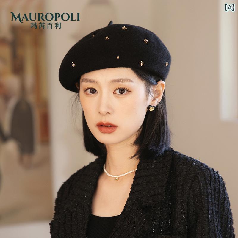 ベレー帽 レディース キラキラ 帽子 おしゃれ かわいい エレガント 秋冬 レトロ ハット ウール 黒