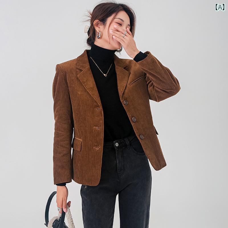 コーデュロイ ジャケット レディース アウター スーツ 秋冬 カジュアル レトロ 細見え ショート丈 韓国 大きいサイズ ブラウン ネイビー