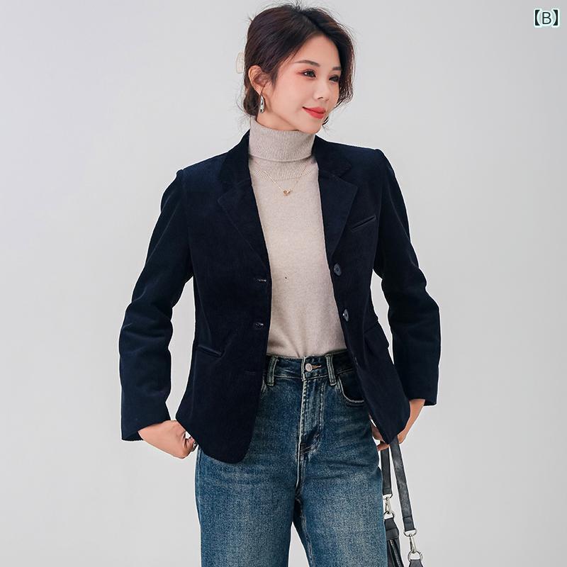 コーデュロイ ジャケット レディース アウター スーツ 秋冬 カジュアル レトロ 細見え ショート丈 韓国 大きいサイズ ブラウン ネイビー