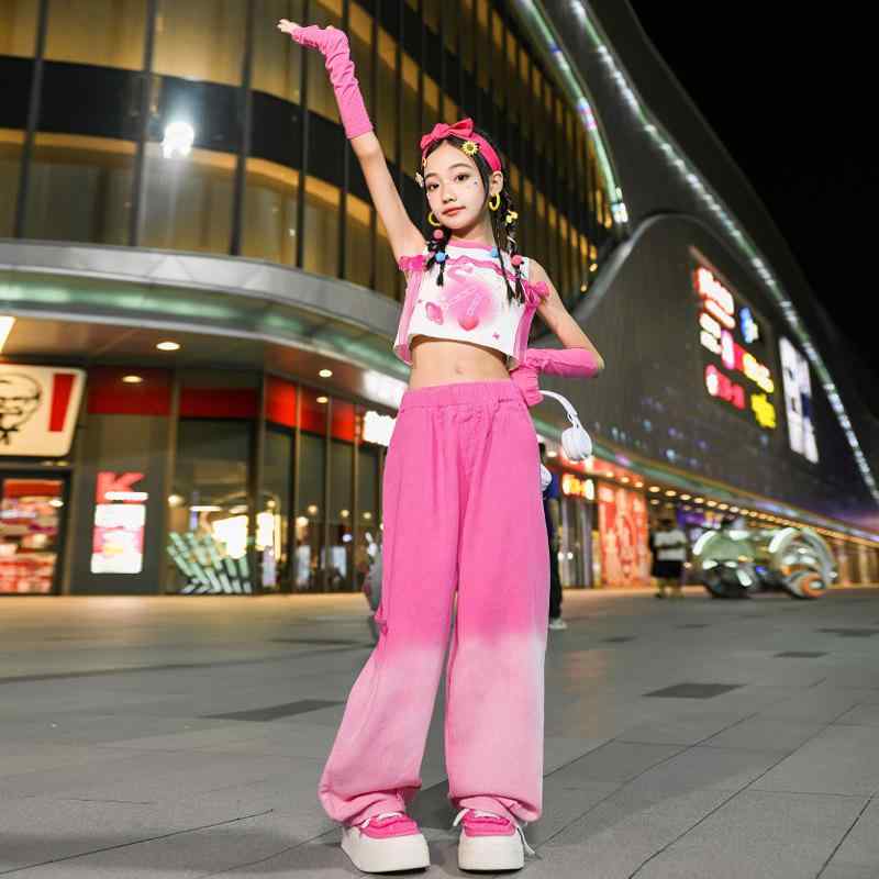 楽天way-ugo子供服 ステージ衣装 ピンク へそ出し タンクトップ リボン パンツスーツ ダンス パフォーマンス キャットウォーク 脚長効果 スタイルアップ ジュニア キッズ ポップ