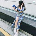 リゾートドレス サマードレス ディナードレス ホリデードレス 春秋 ロングドレス 魅惑的 旅行 休暇 バカンス エキゾチック エレガント フェミニン レディース 春秋 韓国 ラップ スカート お姫様 スリム Vネック レトロ プリント ワンピース ドレス