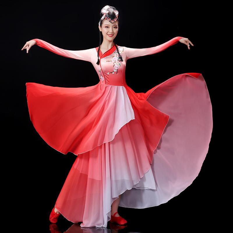ダンス 衣装 民族舞踊 女性用 レトロ 舞踊 服 エレガント シフォン ガーゼ スクエアダンス 夏服 中国 扇子 パフォーマンス ロングスカート チャイナ風 クラシック