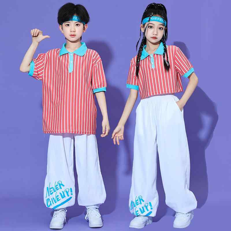 子供服 ダンス衣装 半袖 ストライプ パンツスーツ パフォーマンス ヒップホップ チア ストリート ステ..
