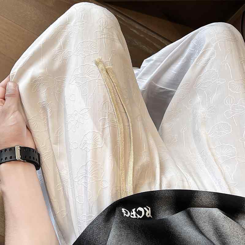 おしゃれ パンツ メンズ ひんやり 涼しい 夏 薄手 通気性 チャイナ風 レトロ ジャカード ゆったり ロング ポケット 伸縮性 大きいサイズ シンプル 白 青 黒