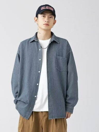 デニム シャツ ジャケット Gジャン メンズ ストライプ シャツ 長袖 カジュアル グレー ブルー デニム シャツ ジャケット Gジャン メンズ ストライプ シャツ 長袖 カジュアル グレー ブルー