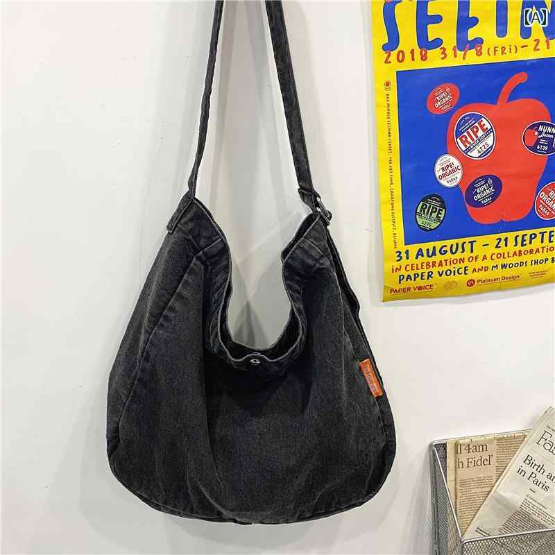 韓国 デニム 斜め掛け トート バッグ 大容量 ショルダー レトロ カジュアル 学生 ジッパー オールシーズン ミディアム