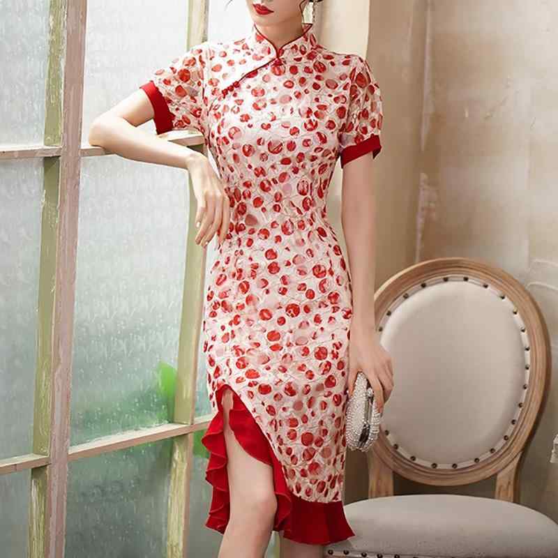 レディース ファッション チャイナ ドレス 婦人服 夏 チャイナ風 ワンピース 半袖 大きいサイズ ミドル丈 Aライン スカート スタンドカラー プリント プルオーバー 高級感(4)
