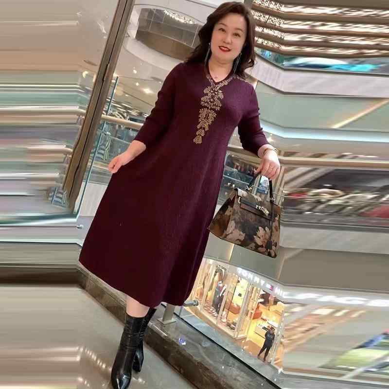 レディース 婦人服 重厚 ママ ウェディングドレス ニット スカート Vネック セーター スリム ドレス 春秋冬 長袖 上品