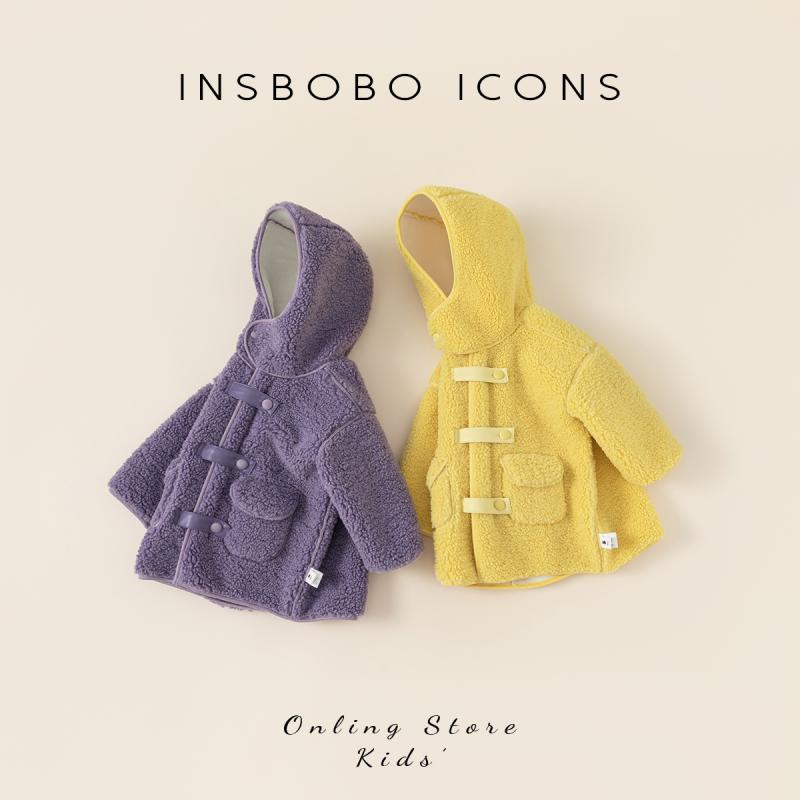 女の子 コート アウター 秋冬 冬服 ベビー キッズ ミディ丈 フード付き 1歳～5歳 女児 ガールズ ラムウール仕立て もこもこ かわいい キュート ポケット 前開き レジャー 外出 無地 黄色 薄紫 ライトパープル イエロ