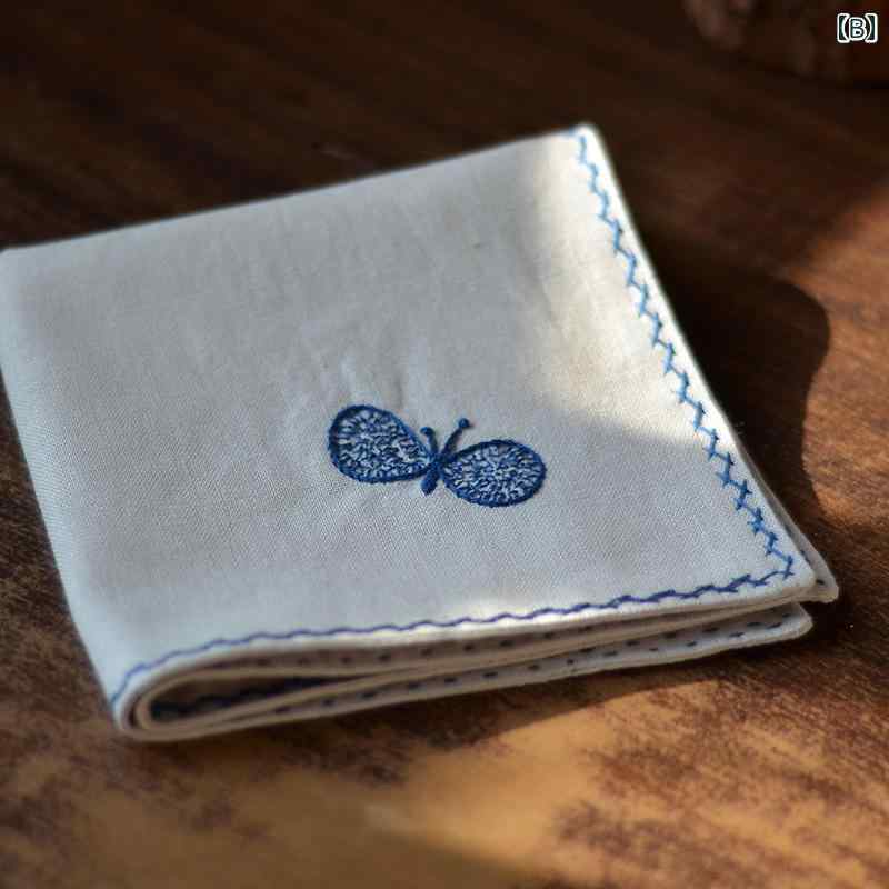 ハンカチ おしゃれ シンプル 刺繍 綿 麻 二重 カップル メンズ レディース プレゼント お揃い 蝶々 バタフライ かわいい