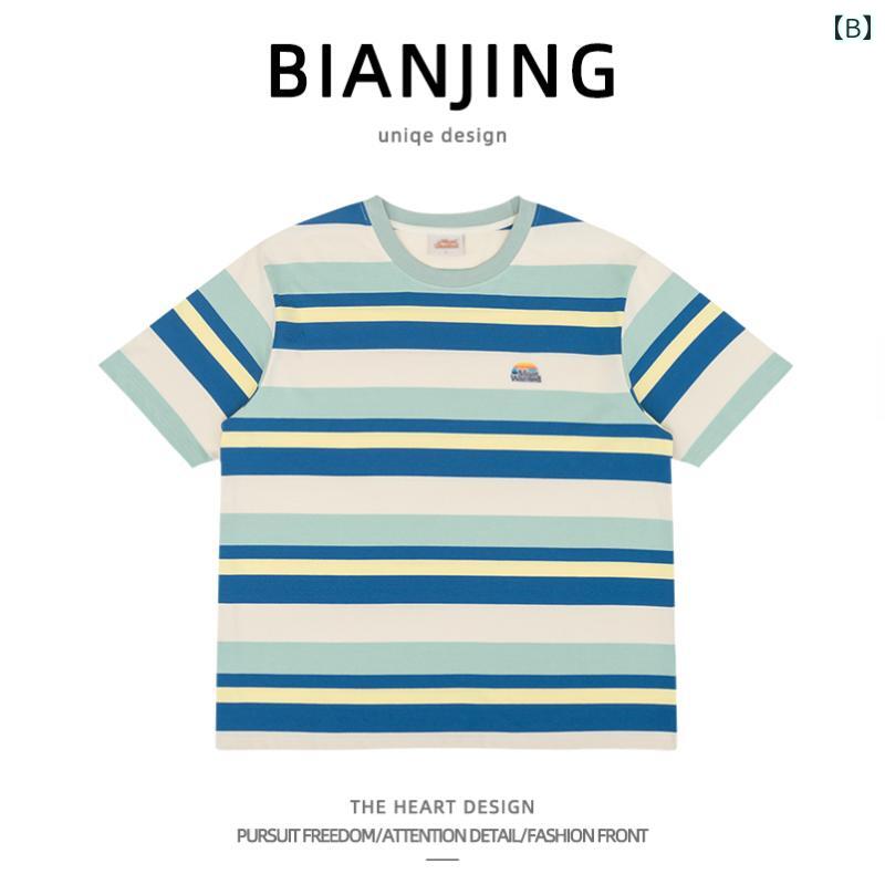 Tシャツ レインボー コントラスト ワイド ストライプ 半袖 シャツ メンズ 夏 カップル 学生 カジュアル 万能 ラウンドネック レジャー ゆったり