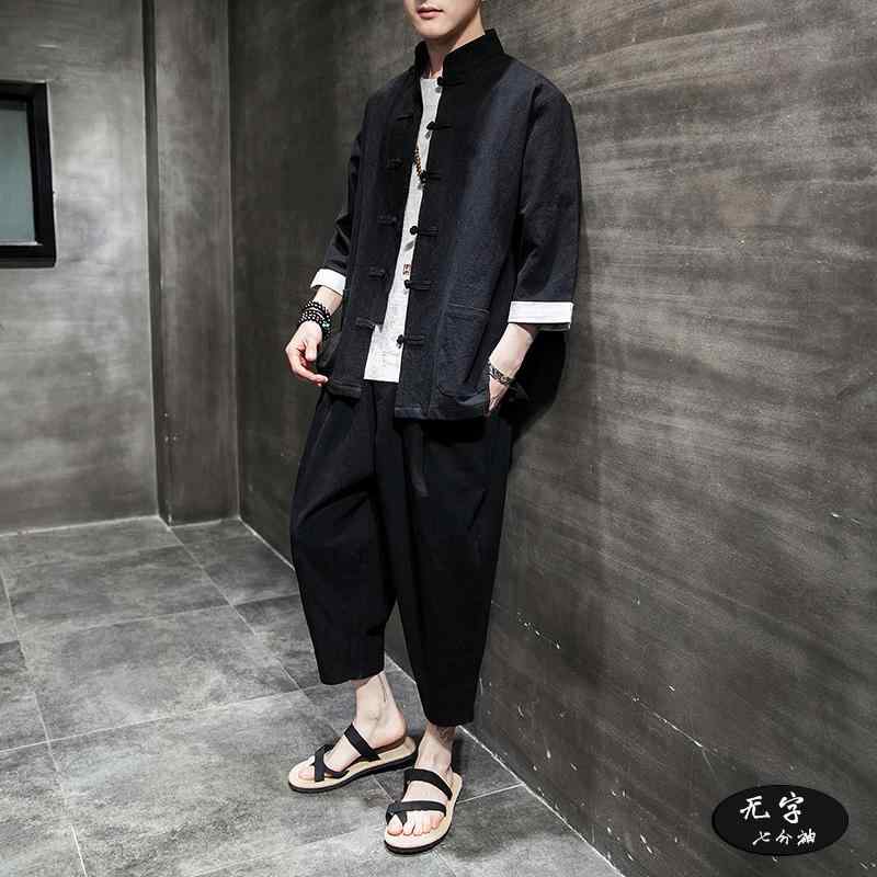 メンズ ファッション トップス カットソー シャツ スーツ セット ロング パンツ ズボン レトロ チャイナ風 唐装 男性 漢服 カジュアル 長袖