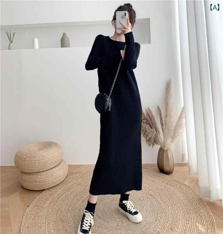 ワンピース ラウンドネック セーター ドレス レディース 秋冬 ゆるい スリム ミドル丈 ボトニング ニット スカート コート ファッション