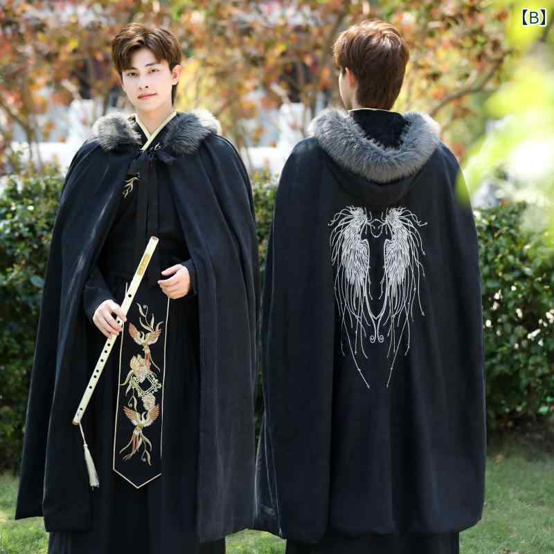 漢服 民族衣装 コスチューム 男性向け 暖かい ベルベット 長袖シャツ 刺繍 唐製 厚手 フード付 ポリエステル アンティーク 衣装 マント メンズ 冬服 レジャー