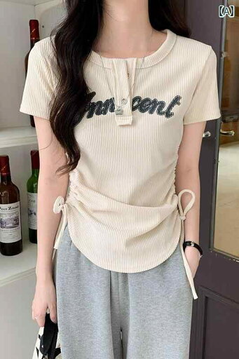 シャツ 半袖 Tシャツ レディース 夏 アメリカン レトロ ショート トップス ラウンドネック プリント レター スリム フィット ボタン シャツ 半袖 Tシャツ レディース 夏 アメリカン レトロ ショート トップス ラウンドネック プリント レター スリム フィット ボタン