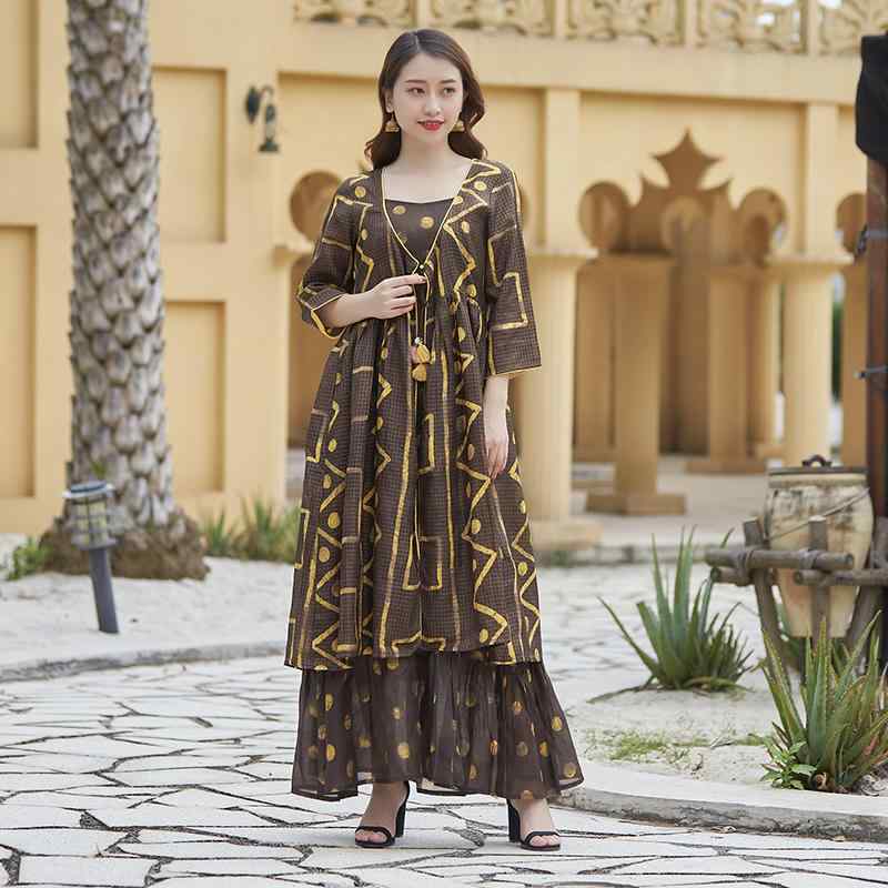 レディース エスニックファッション 民族衣装 インド 伝統的 綿 プリント ドレス スタイル 2点セット ロング カジュアル レトロ エキゾチック ゆったりシルエット