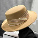 帽子 フレンチ レトロ エレガント ブラック フラットトップ ウールハット 女性用 秋冬 英国 社交界 男性用 つば広 ジャズハット