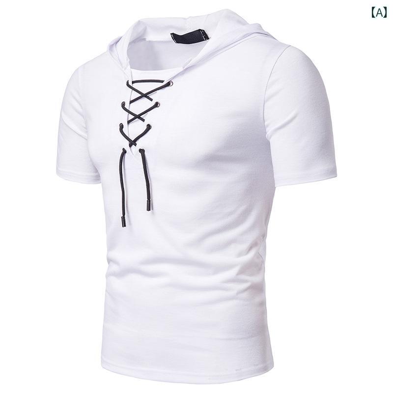 夏 チャイナ風 半袖 フード付き Tシャツ メンズ ネック ライン シンプル メンズカジュアル トップス 薄..